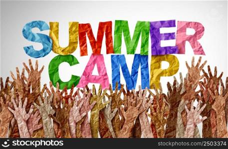 Summer camp sign with a drawingon a natural rustic wooden wall from a country cabin outdoors as a symbol of recreation and fun education with a group of chalk as a metaphor for arts and crafts learning success.