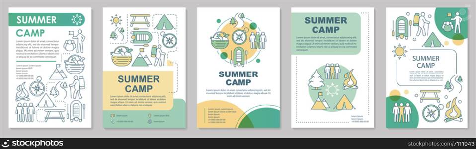 Summer camp, vacation, holiday resort brochure template layout. Flyer, booklet, leaflet print design with linear illustrations. Vector page layouts for magazines, annual reports, advertising posters