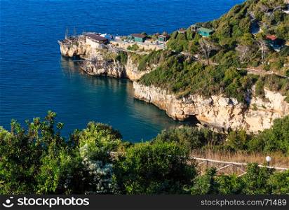 Summer cape Trabucco di Monte Pucci view, near sea perched Peschici town, Gargano peninsula in Puglia, Italy