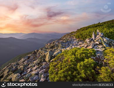 Summer Carpathian mountains evening view. Stony Gorgany massif, Ukraine.