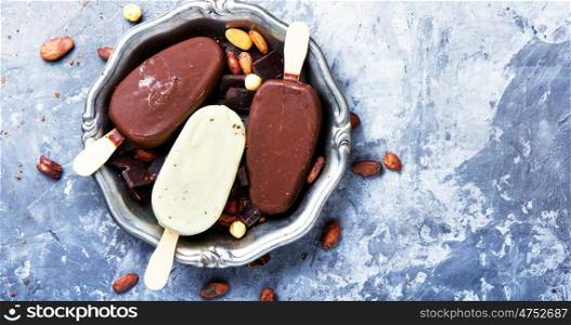 summer chocolate ice cream. Tray with summer ice cream with chocolate.Copy space