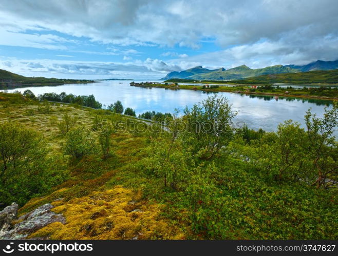 Summer cloudy evening Ersfjorden landscape (Norway, Lofoten).