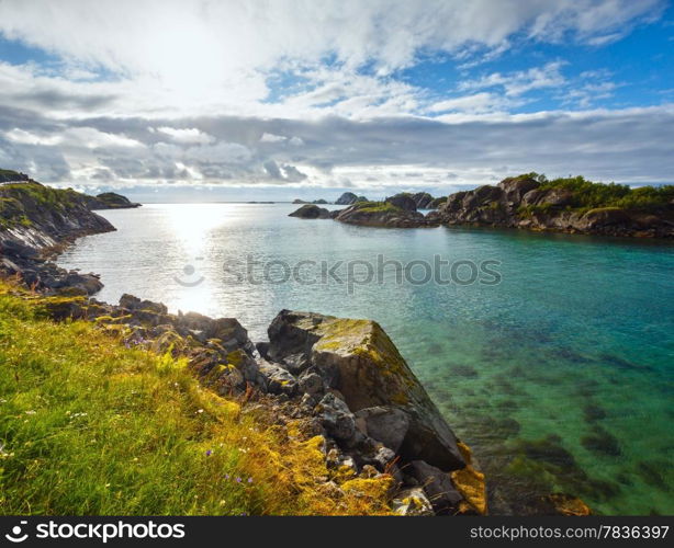 Summer cloudy evening Ersfjorden landscape (Norway, Lofoten).