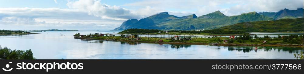 Summer cloudy evening Ersfjorden panorama (Norway, Lofoten).