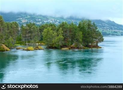 Summer cloudy fjord landscape with fir forest on shore (Norway).