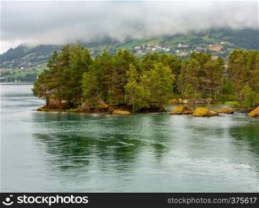 Summer cloudy fjord landscape with fir forest on stony shore, Norway