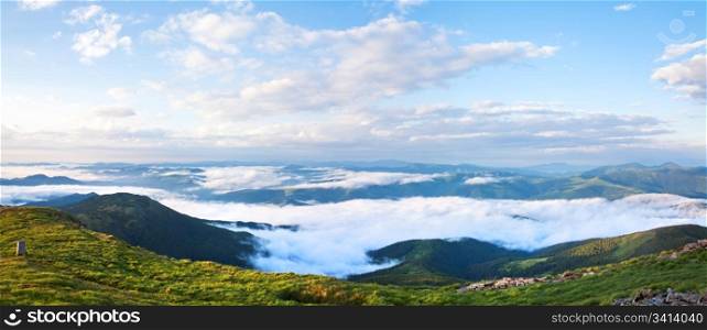 Summer cloudy mountain landscape (Ukraine, Carpathian Mountains). Two shots stitch image.