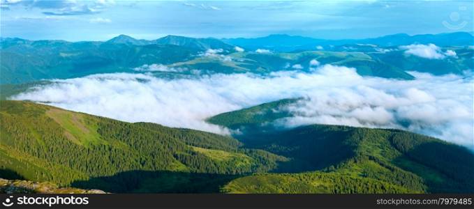 Summer cloudy mountain panorama view (Ukraine, Carpathian Mountains).