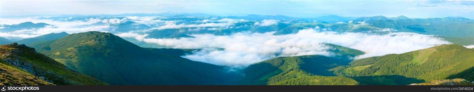 Summer cloudy mountain panorama view (Ukraine, Carpathian Mountains). Five shots stitch image.