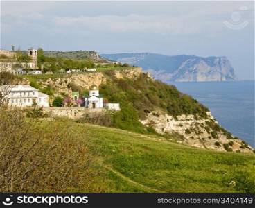 Summer coast and Saint George cloister view from Phiolent Cape (Crimea, Ukraine)
