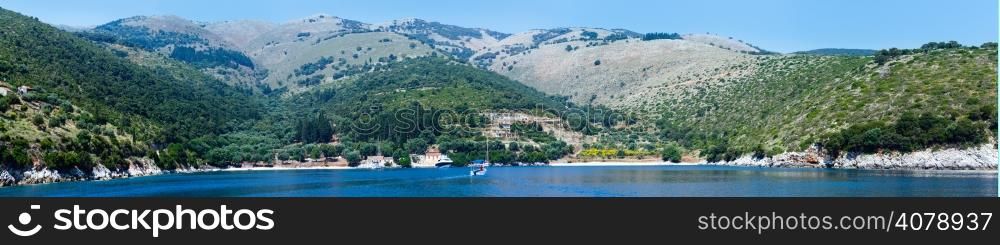 Summer coast view from motorboat (Kefalonia, not far from Agia Effimia, Greece). Panorama.