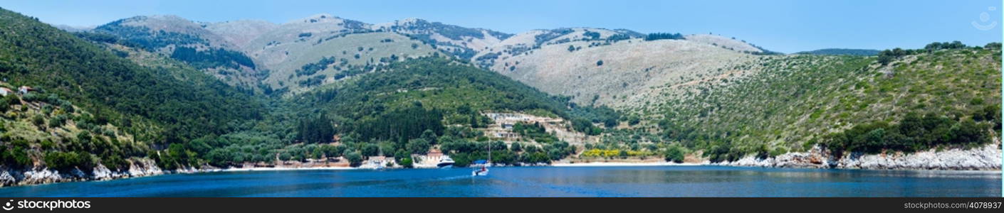 Summer coast view from motorboat (Kefalonia, not far from Agia Effimia, Greece). Panorama.