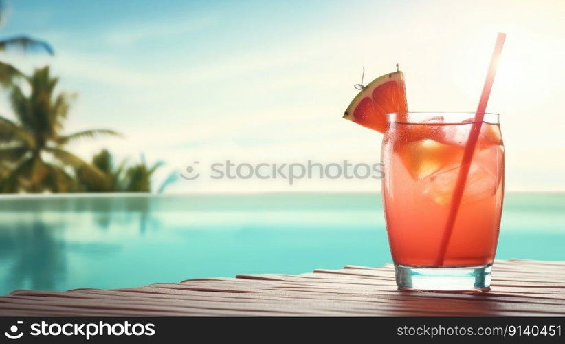 Summer Cocktail on Pool Background. Illustration Generative AI 