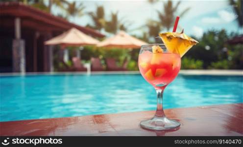 Summer Cocktail on Pool Background. Illustration Generative AI 
