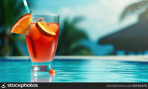 Summer Cocktail on Pool Background. Illustration Generative AI 