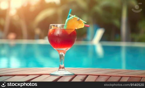 Summer Cocktail on Pool Background. Illustration Generative AI 