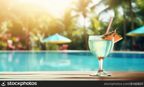 Summer Cocktail on Pool Background. Illustration Generative AI 