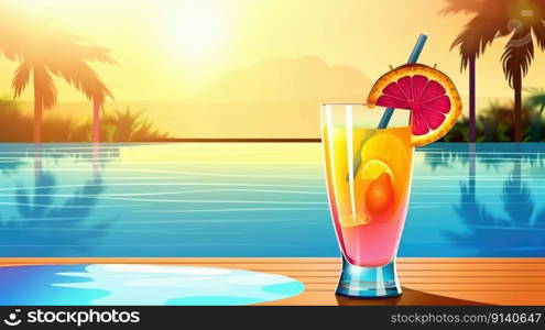 Summer Cocktail on Pool Background. Illustration Generative AI 