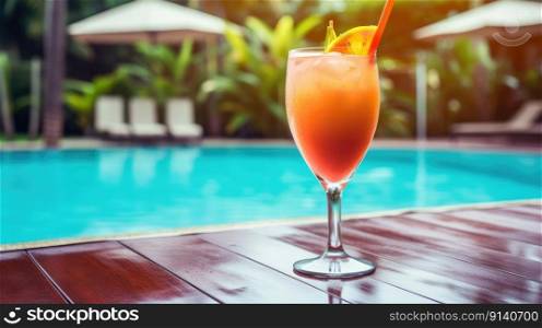 Summer Cocktail on Pool Background. Illustration Generative AI 