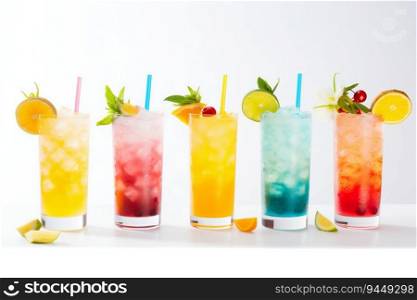 Summer Colorful Cocktails Set on White Background. Generative ai. High quality illustration. Summer Colorful Cocktails Set on White Background. Generative ai