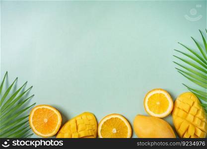 Summer colorfull concept with tropical fruits and leaves on green background, flat lay, top view, copy space. Summer colorfull background