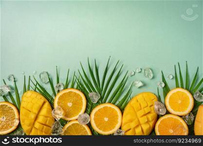 Summer colorfull concept with tropical fruits, ice and leaves on green background, flat lay, top view, copy space. Summer colorfull background