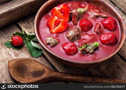 Summer cool soup with strawberry.Fruit soup.Summer food.. Summer strawberry soup