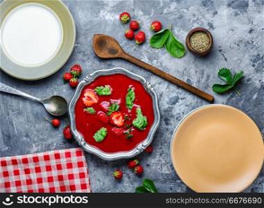 Summer cool soup with strawberry.Fruit soup.Summer food.. Summer strawberry soup