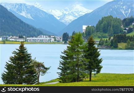 Summer country landscape with Davos Lake and dandelion meadow (Switzerland).