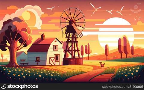 summer countryside farm. background field, landscape rural, green country, nature agriculture, meadow land summer countryside farm ai generated illustration. summer countryside farm ai generated