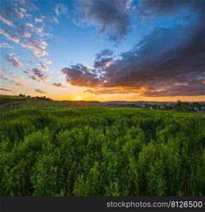 Summer countryside meadow, cloudy evening sunset sky, rural hills, village and fields in far.