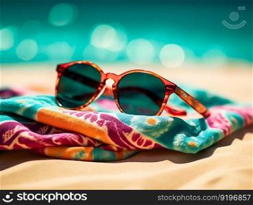 Summer Day at the Beach with Stylish Sunglasses on Colorful Beach Towel. Generative ai. High quality illustration. Summer Day at the Beach with Stylish Sunglasses on Colorful Beach Towel. Generative ai