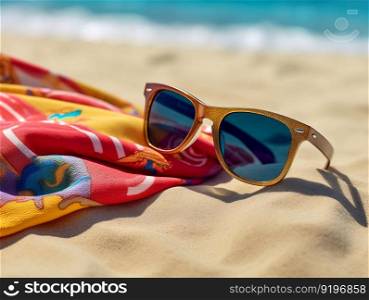 Summer Day at the Beach with Stylish Sunglasses on Colorful Beach Towel. Generative ai. High quality illustration. Summer Day at the Beach with Stylish Sunglasses on Colorful Beach Towel. Generative ai
