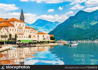 Summer day in Perast, city in Kotor bay. Montenegro. Summer day in Perast
