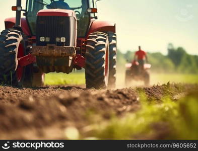 Summer day with tractor plowing soil and getting ready to start new agricultural season.AI Generative