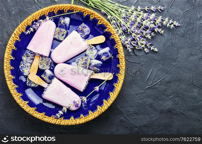 Summer dessert, ice cream with blooming lavender.Organic ice cream. Lavender ice cream