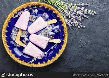 Summer dessert, ice cream with blooming lavender.Organic ice cream. Lavender ice cream