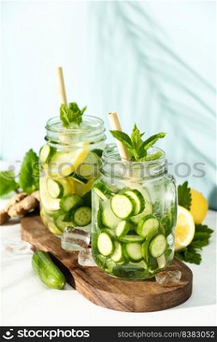 Summer detox and refreshing drinks with cucumber, lemon, mint and ginger on white brick wall background. Sunny day shadows