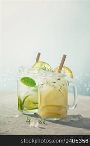 Summer detox and refreshing drinks with lime, lemon, mint and rosemary on blue sea and sky background. Sunny day shadows. Summer detox and refreshing drinks with lime, lemon, mint and rosemary on blue sea and sky background