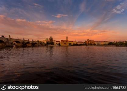 Summer evening after sunset with colorful sky over Prague, Czech Republic