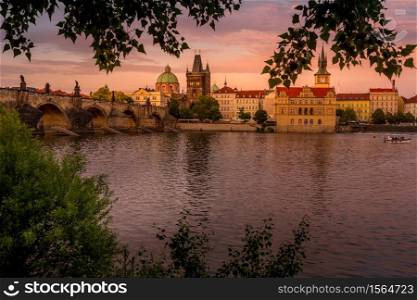 Summer evening after sunset with colorful sky over Prague, Czech Republic