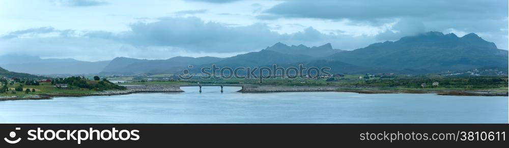 Summer evening fjord view (Norway, Lofoten). Panorama.