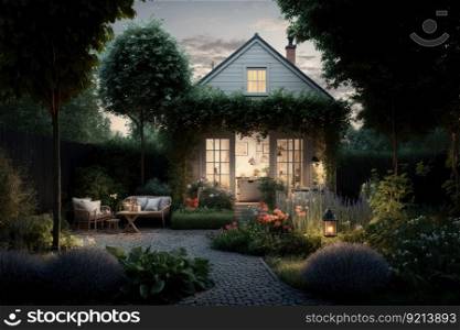 summer evening in garden next to modern house with cozy backyard, created with generative ai. summer evening in garden next to modern house with cozy backyard