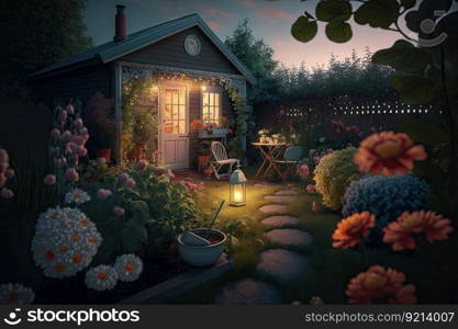 summer evening in suburban cozy backyard with flowers and lawn, created with generative ai. summer evening in suburban cozy backyard with flowers and lawn