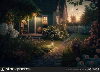 summer evening in suburban cozy backyard with flowers and lawn, created with generative ai. summer evening in suburban cozy backyard with flowers and lawn