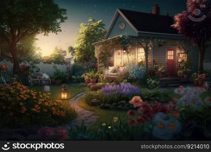 summer evening in suburban cozy backyard with flowers and lawn, created with generative ai. summer evening in suburban cozy backyard with flowers and lawn