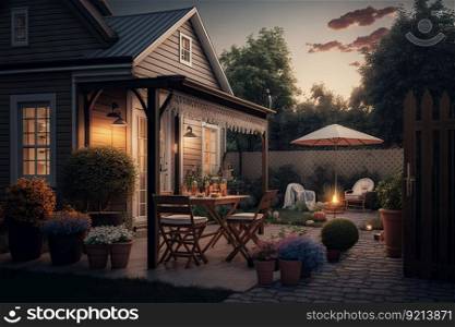 summer evening in suburban house with barbecue and patio cozy backyard, created with generative ai. summer evening in suburban house with barbecue and patio cozy backyard