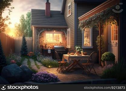summer evening in suburban house with barbecue and patio cozy backyard, created with generative ai. summer evening in suburban house with barbecue and patio cozy backyard