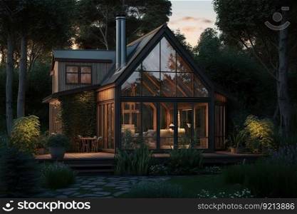 summer evening in wooden house with large windows and cozy backyard, created with generative ai. summer evening in wooden house with large windows and cozy backyard