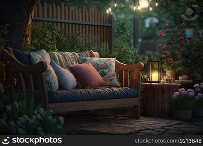 summer evening recreation in garden on wooden sofa in cozy backyard, created with generative ai. summer evening recreation in garden on wooden sofa in cozy backyard